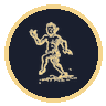 Waystone's map pin for a prehistoric place: a gold line drawing of a striding human figure inside a dark disc with a gold rim