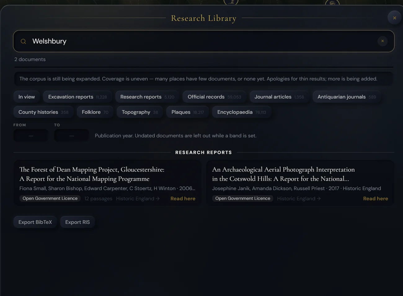 Waystone's Research Library searched for Welshbury: two research reports from Historic England with their authors, dates and Open Government Licence shown, one carrying twelve passages, alongside shelf counts for excavation reports, official records, county histories and folklore, and buttons to export BibTeX or RIS.