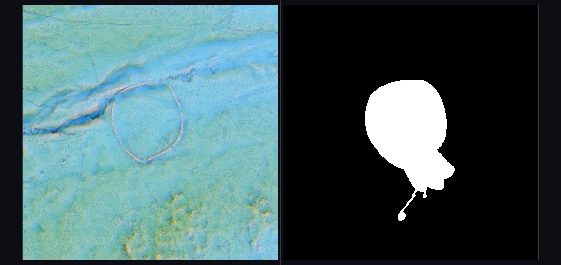 Two square panels: on the left a LiDAR tile showing a ring-shaped earthwork, on the right the same area as a black image with a white patch where the monument's boundary lies