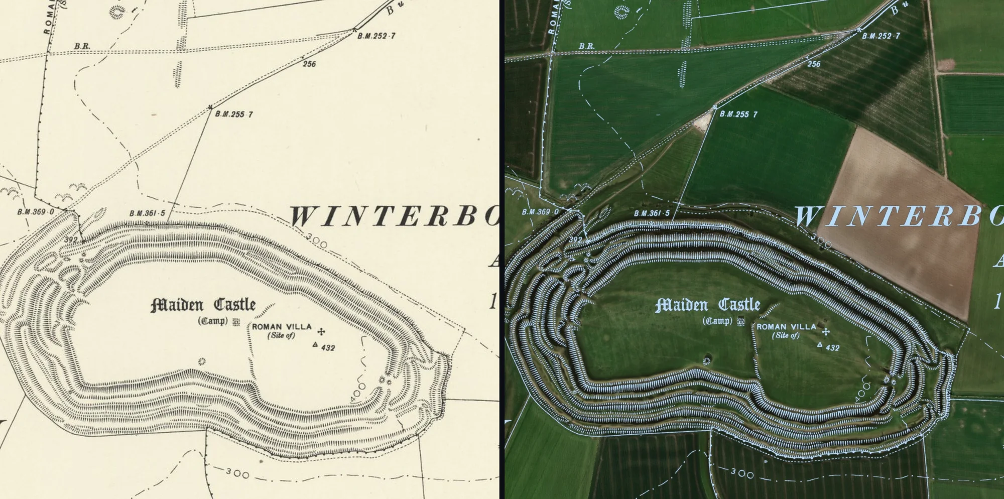 The hachured ramparts of Maiden Castle on the cream six-inch sheet, left; the same lines in ink over the satellite photograph and the LiDAR relief, right