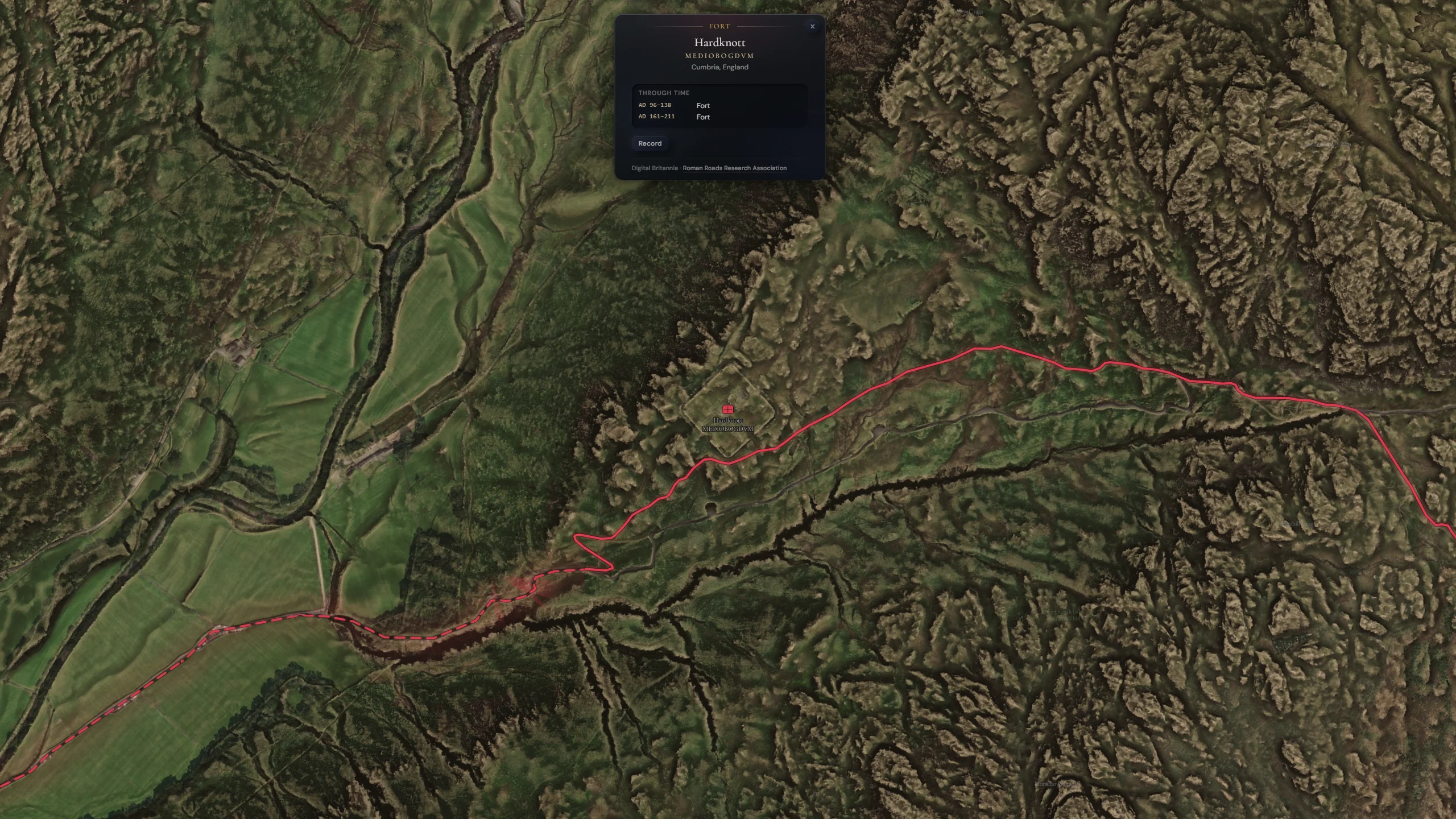 The app&rsquo;s record card for Hardknott: the kicker Fort, the Roman name MEDIOBOGDVM, the periods AD 96&ndash;138 and AD 161&ndash;211, a Record key, and the credit to Digital Britannia and the Roman Roads Research Association